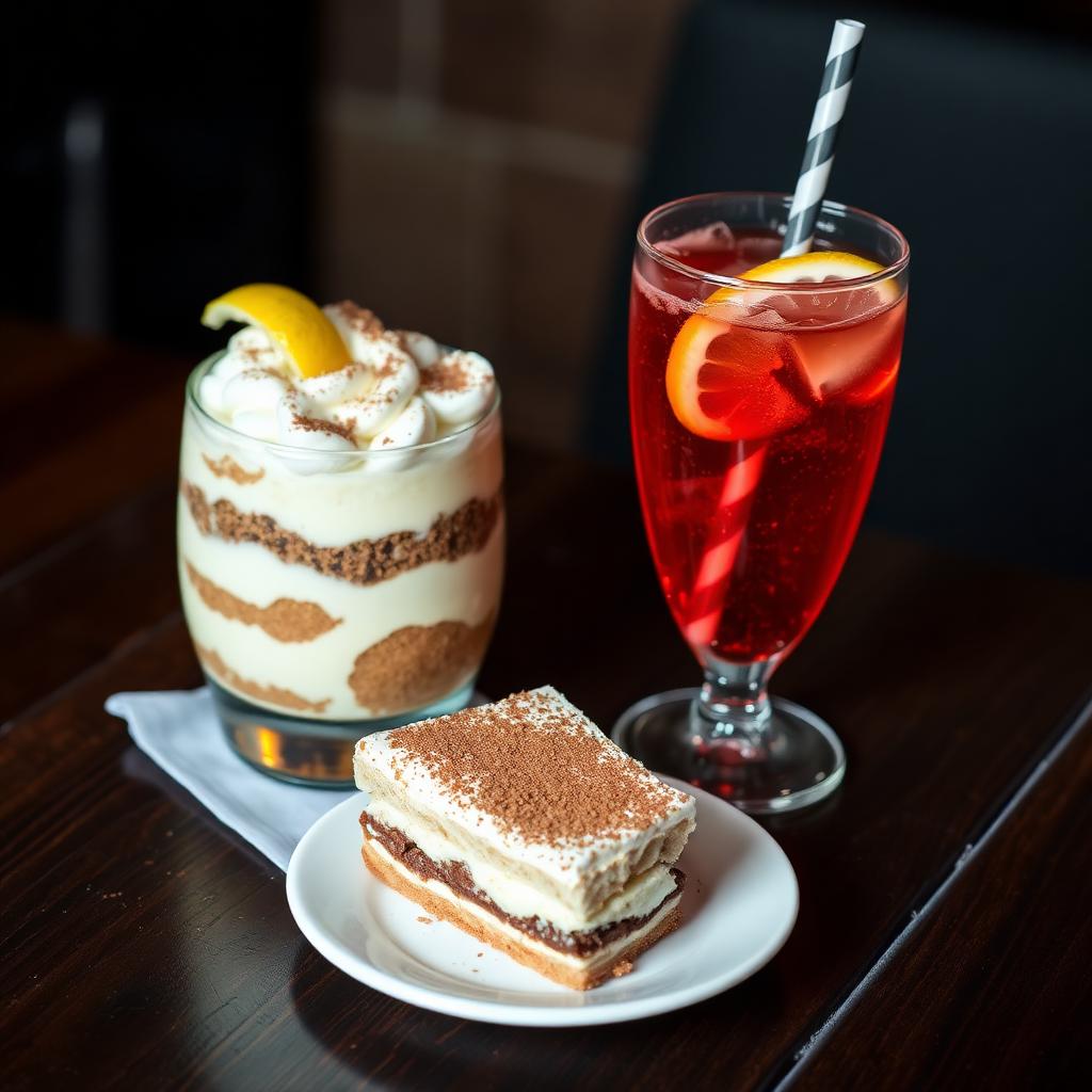 Slice of chocolate cake with ice cream and a chilled soft drink