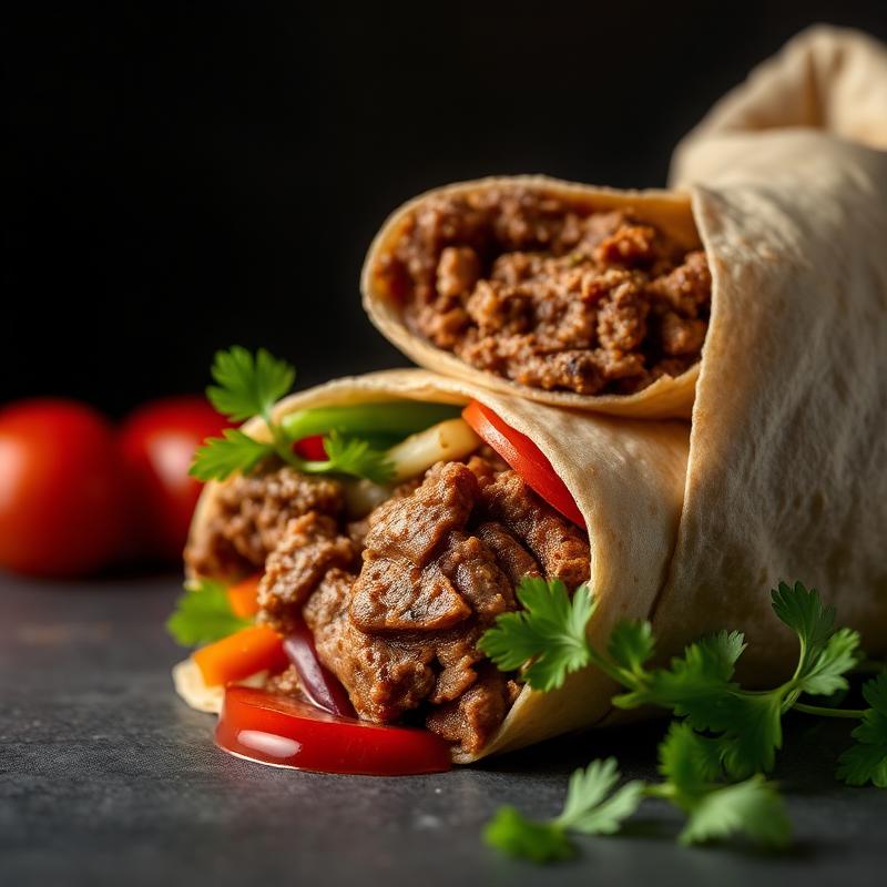 Doner kebab in warm flatbread with carved meat, fresh salad and mayo