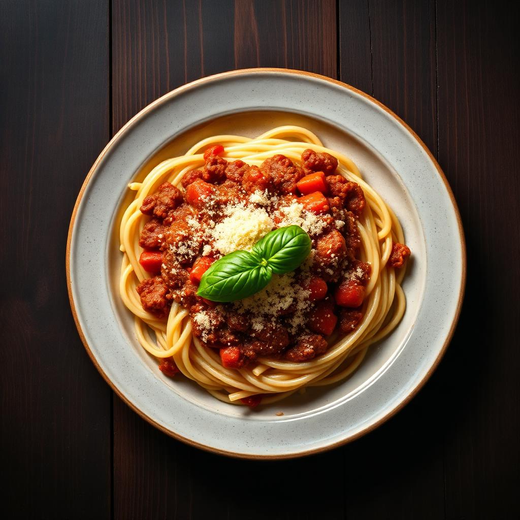 Plate of freshly cooked Italian pasta in rich tomato sauce with herbs